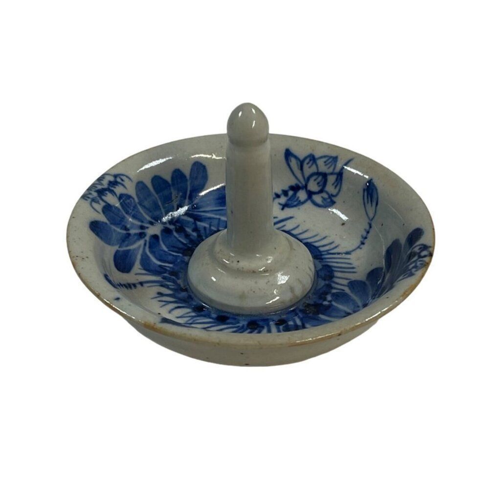 Blue Vintage Ring Holder Pottery Oriental Asian Chinese Jewelry Dish Tray Floral